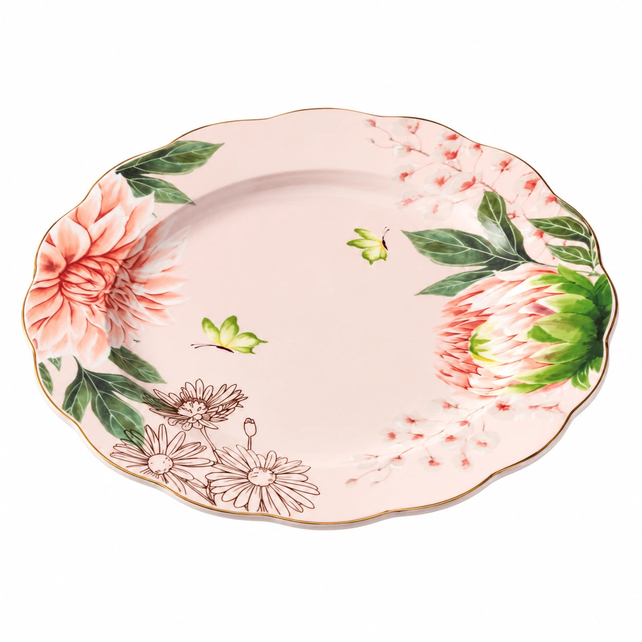Assiette ronde 25 cm en porcelaine rose à motif floral bord festonné
