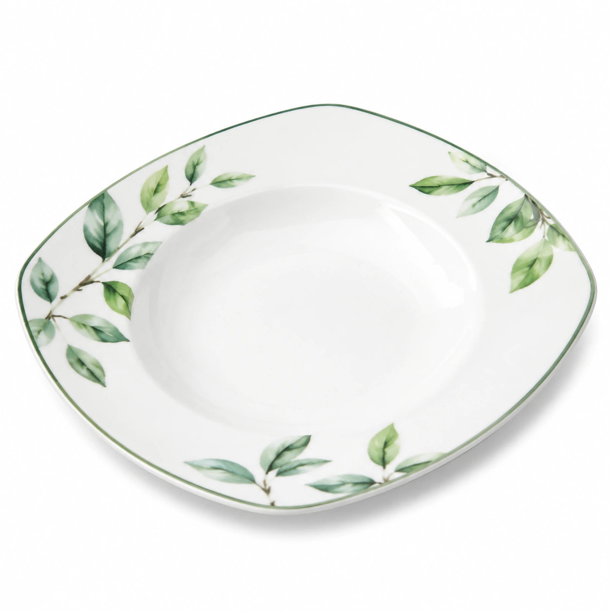 Assiette creuse 20 x 20 cm en céramique blanche et verte - motif feuillage