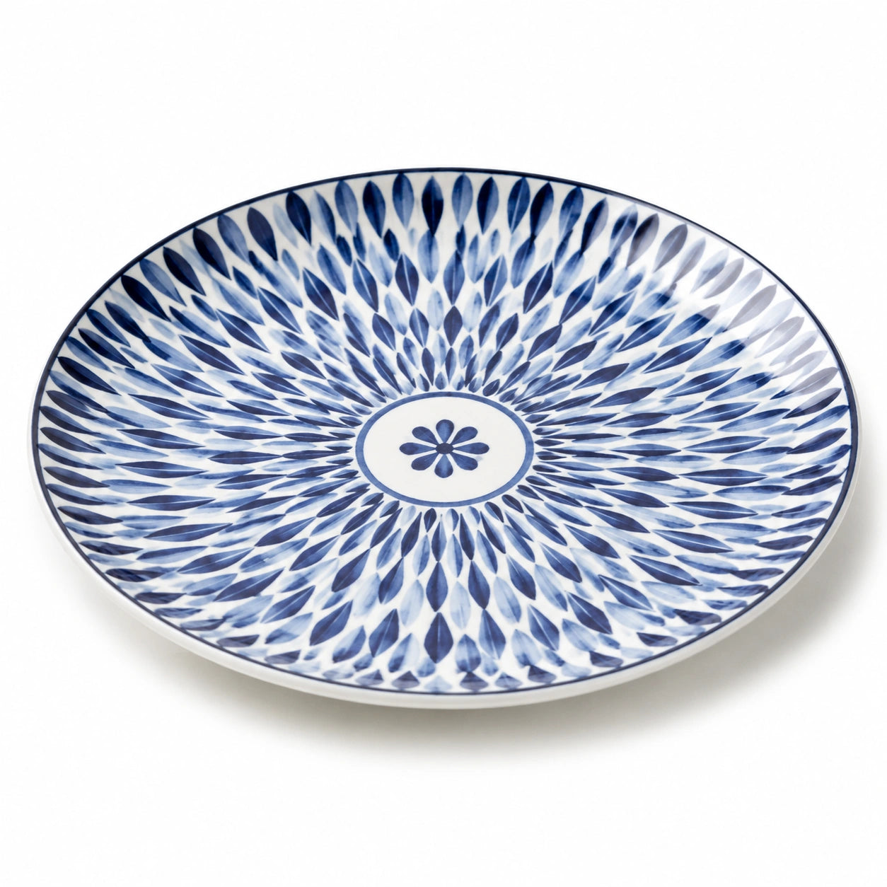 Assiette plate 26 cm en céramique blanc/bleu à motif floral style japonais