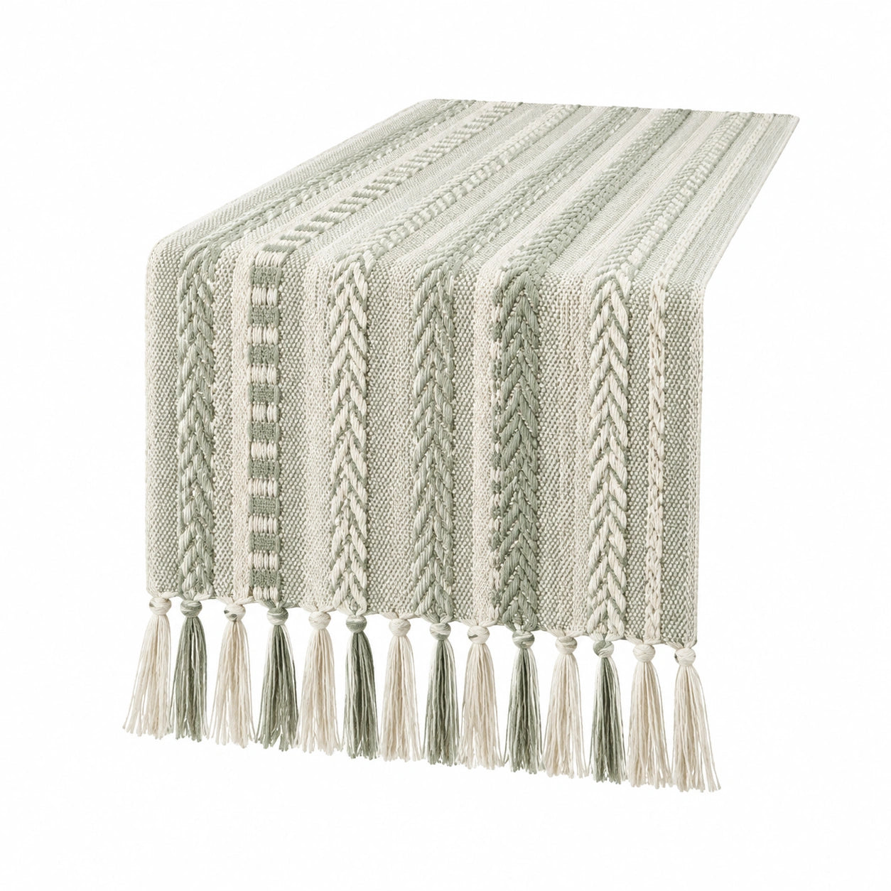 Chemin de table 180 x 35 cm en coton vert sauge et écru tissé à franges style bohème