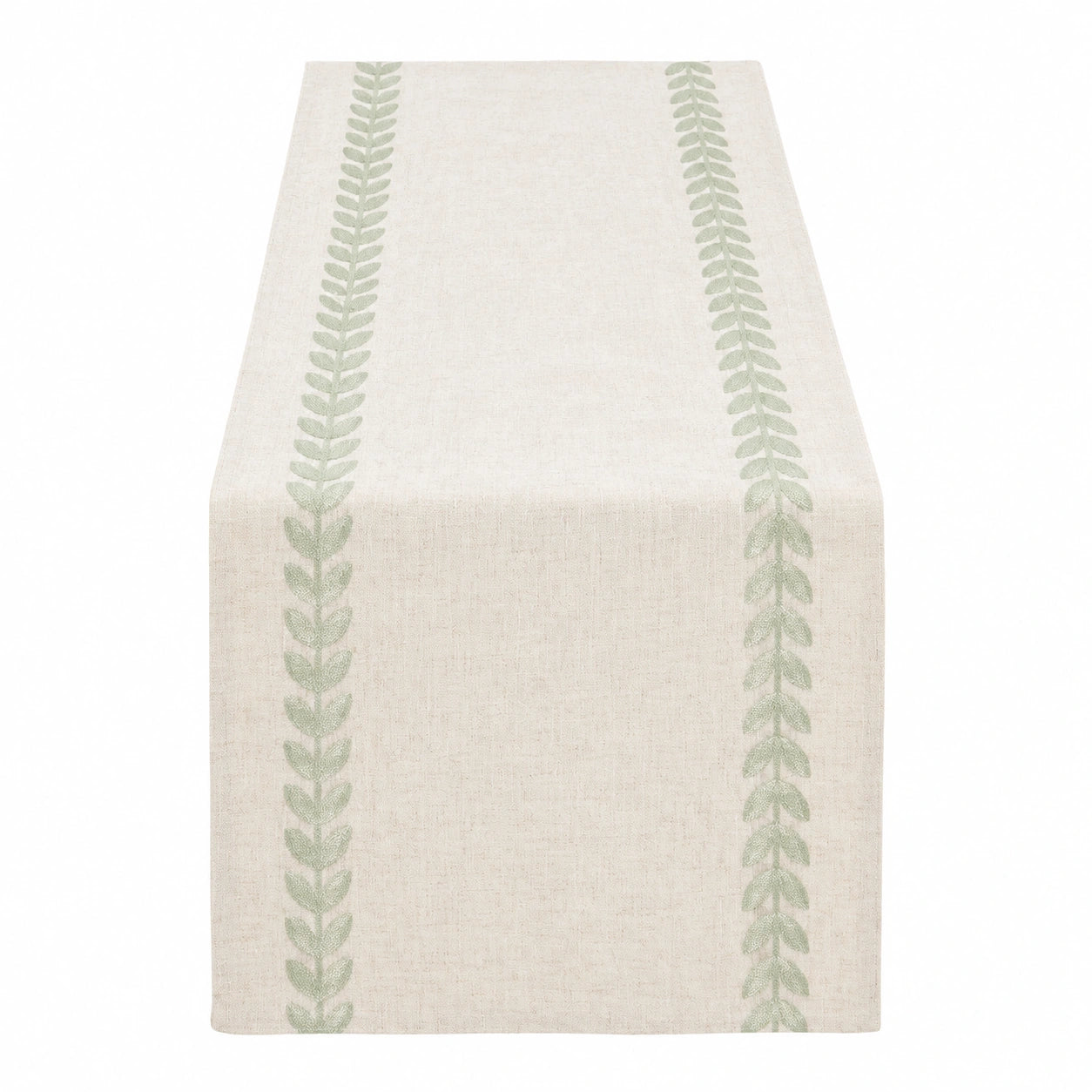 Chemin de table 180 x 40 cm en tissu beige vert à motif végétal style naturel