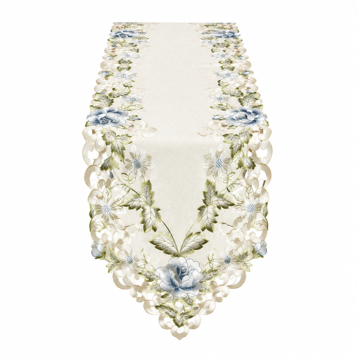 Chemin de table 40 x 180 cm en polyester ivoire à fleurs brodées style classique