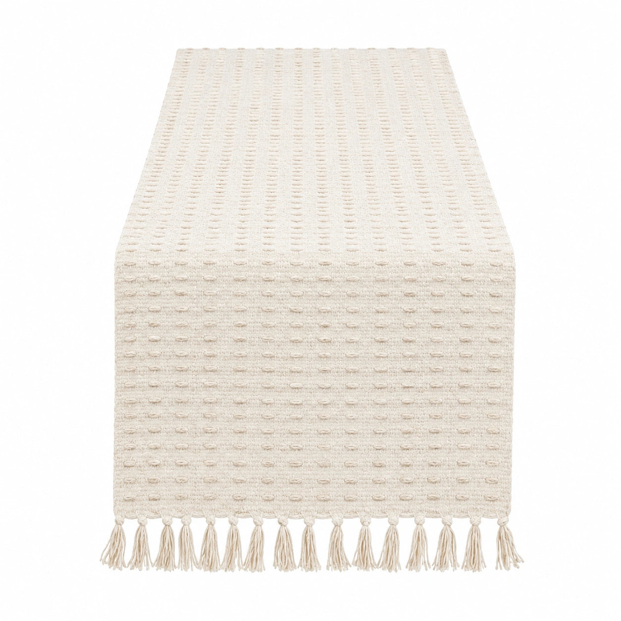 Chemin de table 180 x 35 cm en textile tissé écru à franges décoratif