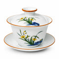 Gaiwan 120 ml en porcelaine blanche décor floral pour thé avec couvercle et soucoupe