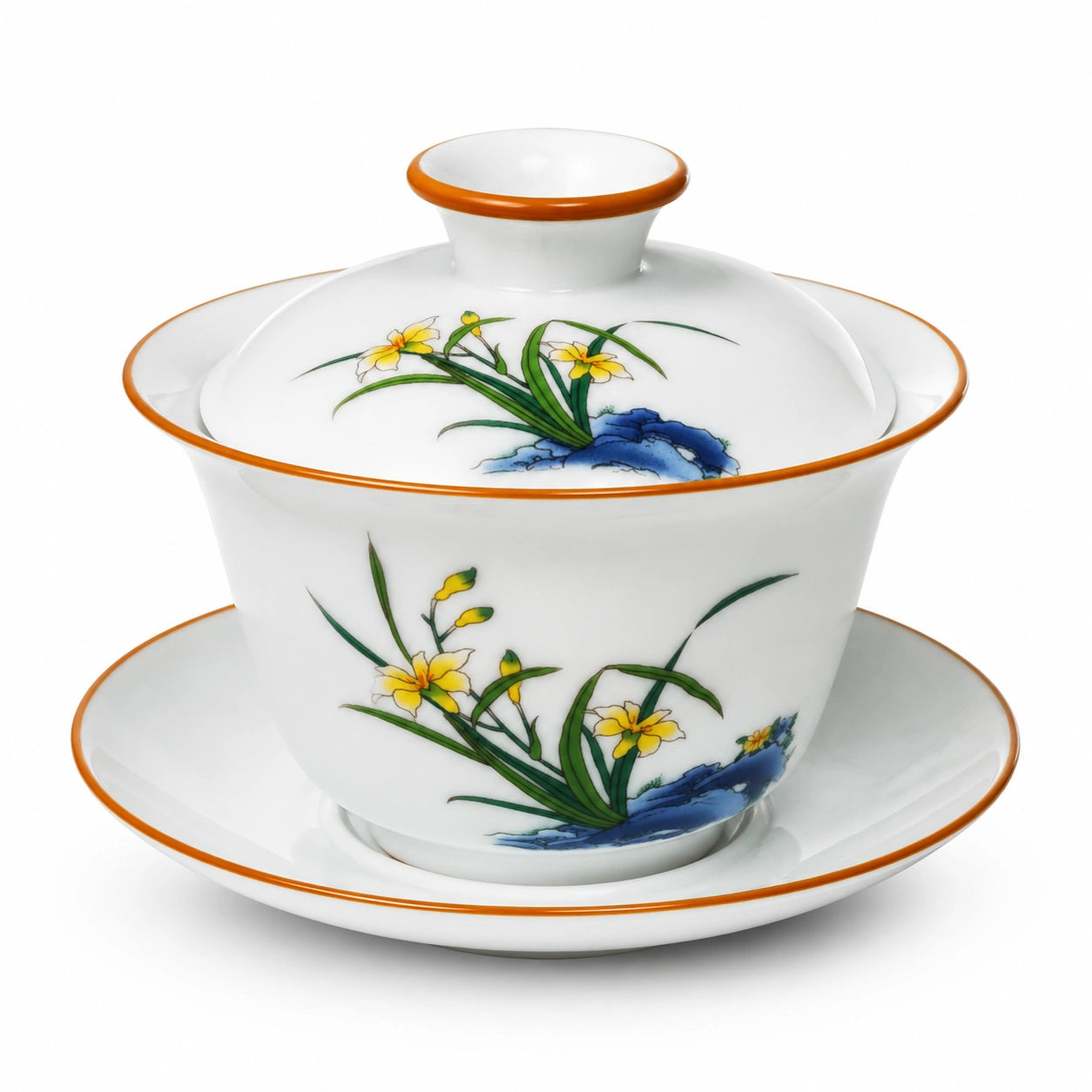 Gaiwan 120 ml en porcelaine blanche décor floral pour thé avec couvercle et soucoupe