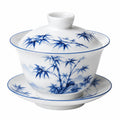 Gaiwan 11 cm en porcelaine blanche et bleue à décor de bambou pour thé