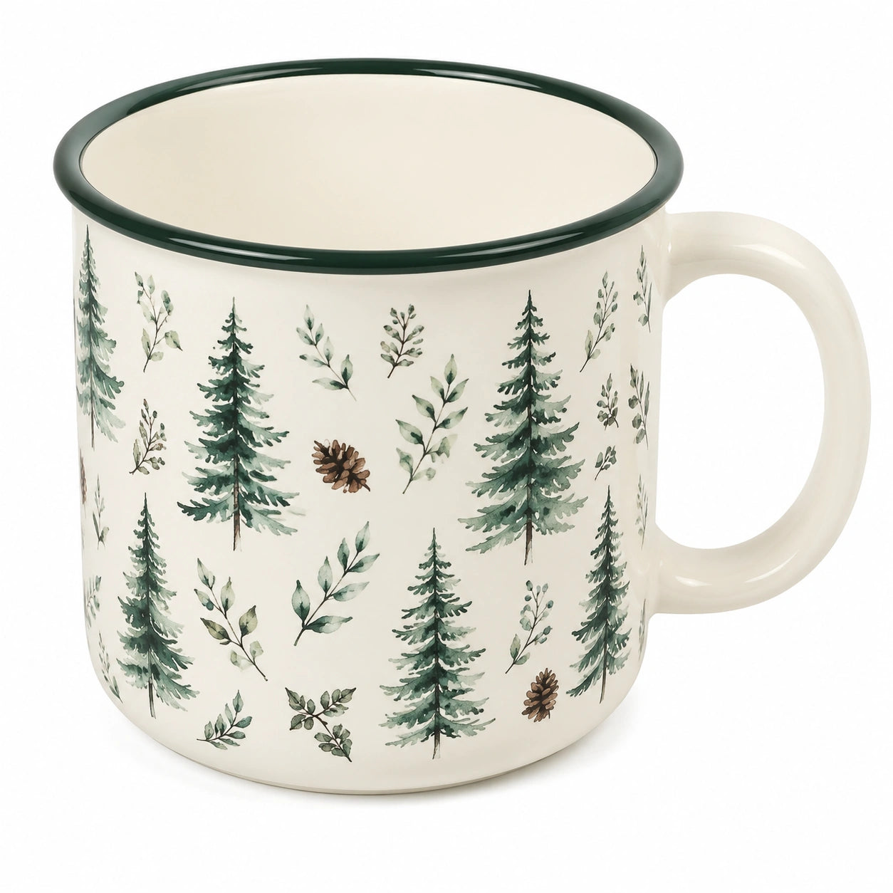 Mug 350 ml en céramique ivoire à motif sapins - tasse à anse style nature