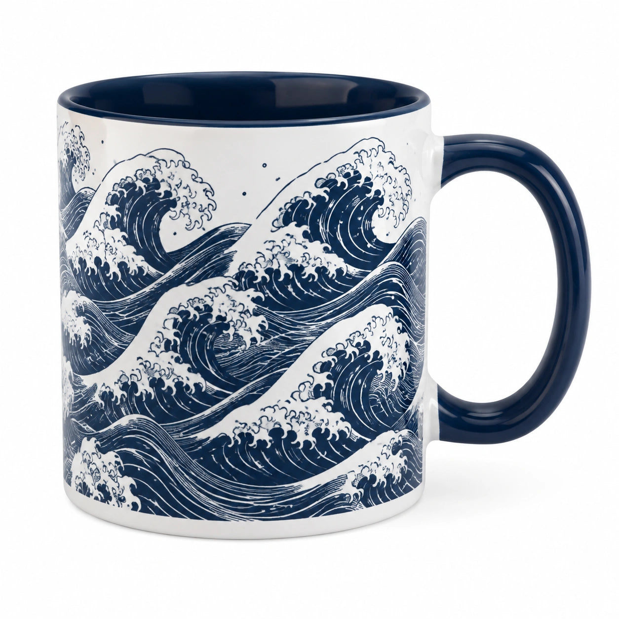 Mug 350 ml en céramique blanc et bleu marine pour boissons chaudes - décor vagues