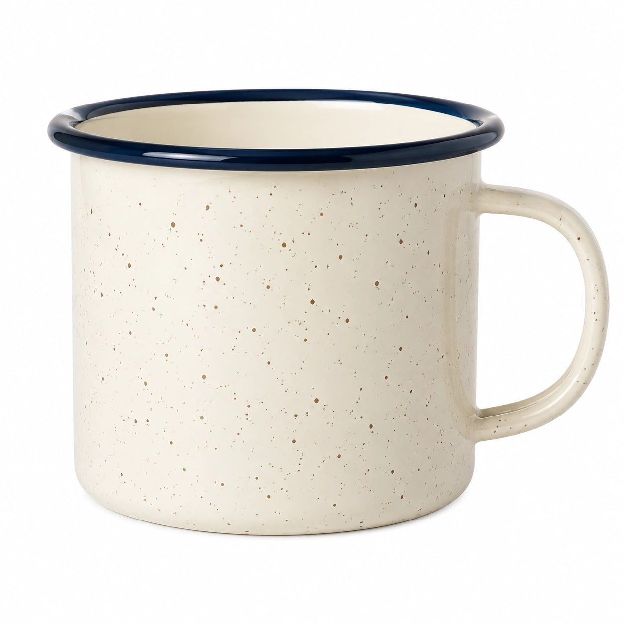 Mug 350 ml en acier émaillé blanc moucheté avec bord bleu style rétro
