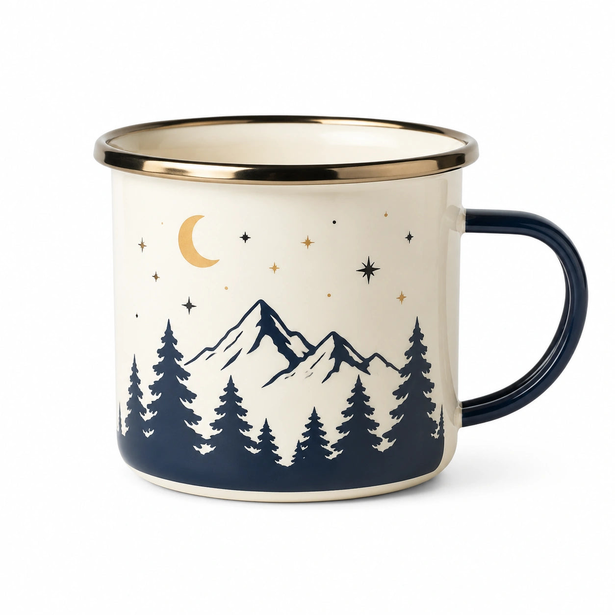 Tasse émaillée 350 ml blanc et bleu marine motif montagne pour boissons chaudes