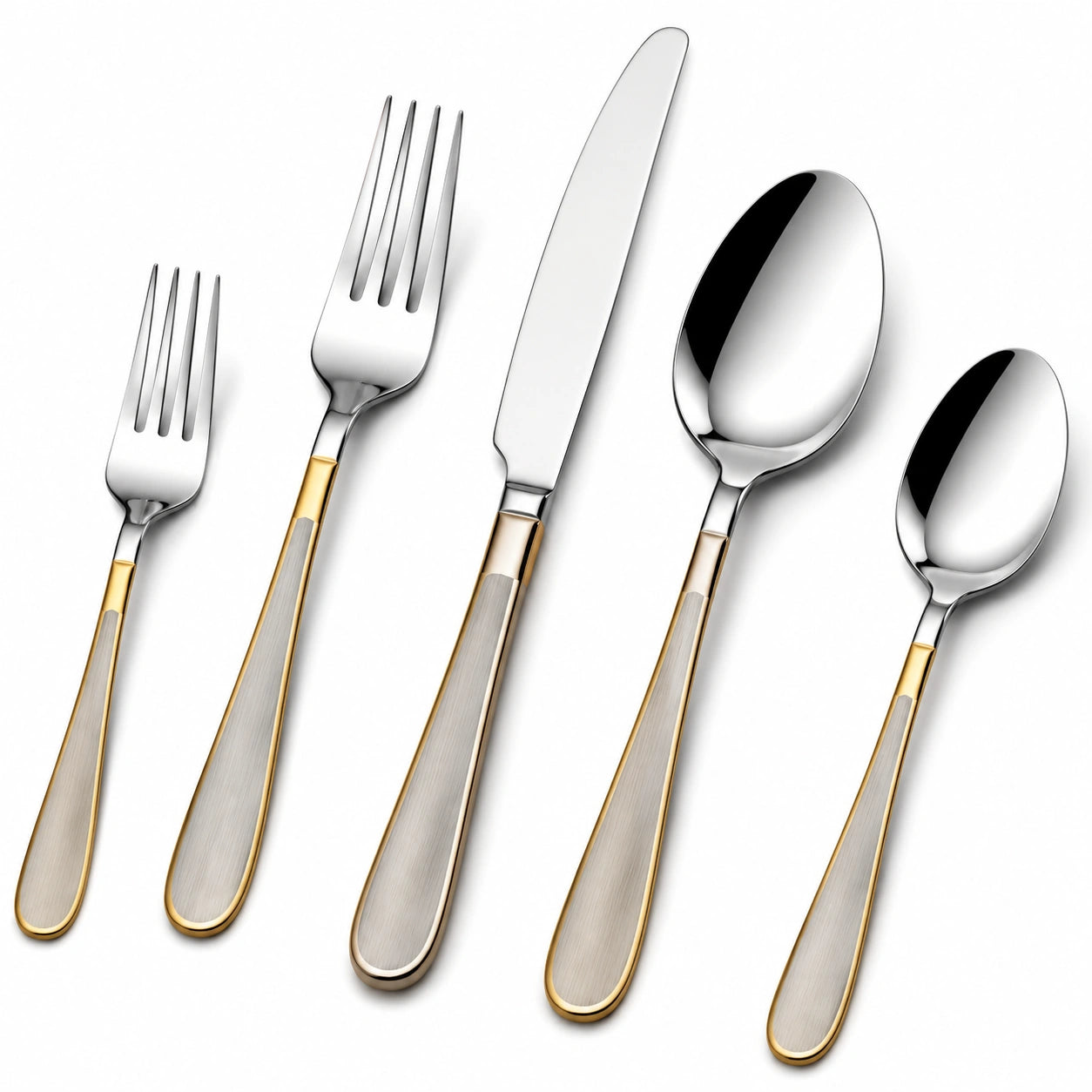 Ménagère 5 pièces en acier inoxydable argenté et doré finition polie pour table