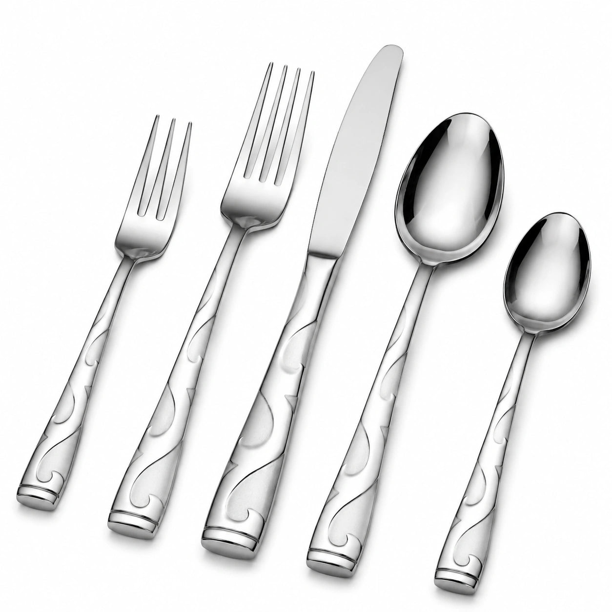 Ménagère de couverts 5 pièces en acier inoxydable argenté avec manches gravés pour table