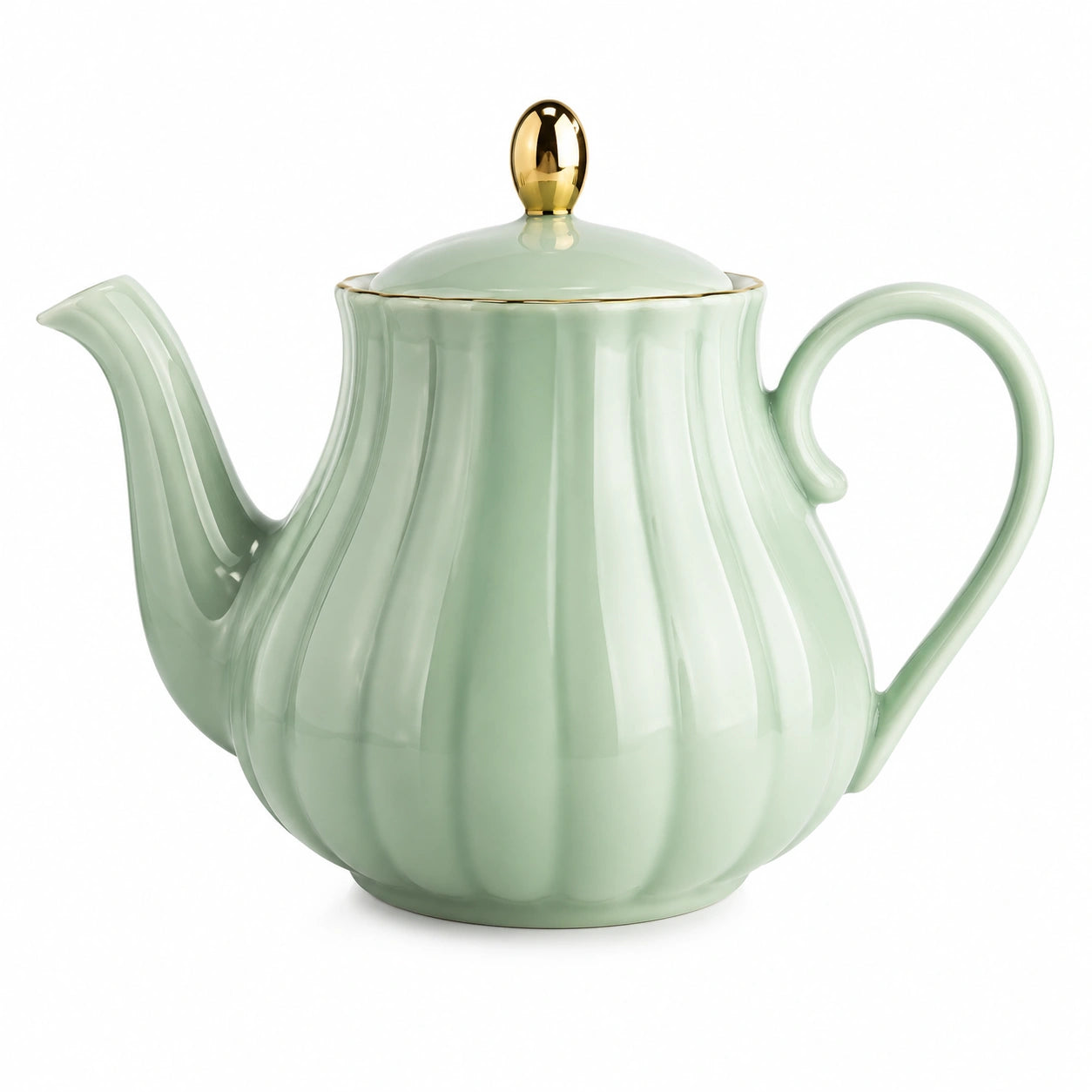 Théière 1.20 L en céramique vert pâle avec couvercle doré style classique